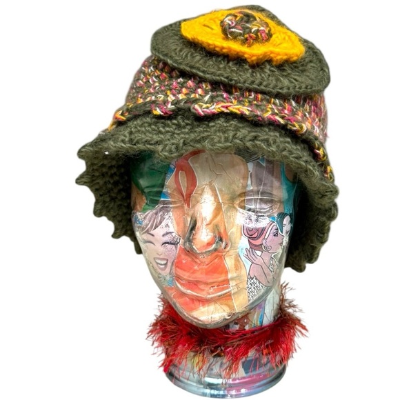 Madison Accessories - Cute Crochet Flower Hat Multicolor Knit Hat with Vintage Scarf Set Boho Cottage